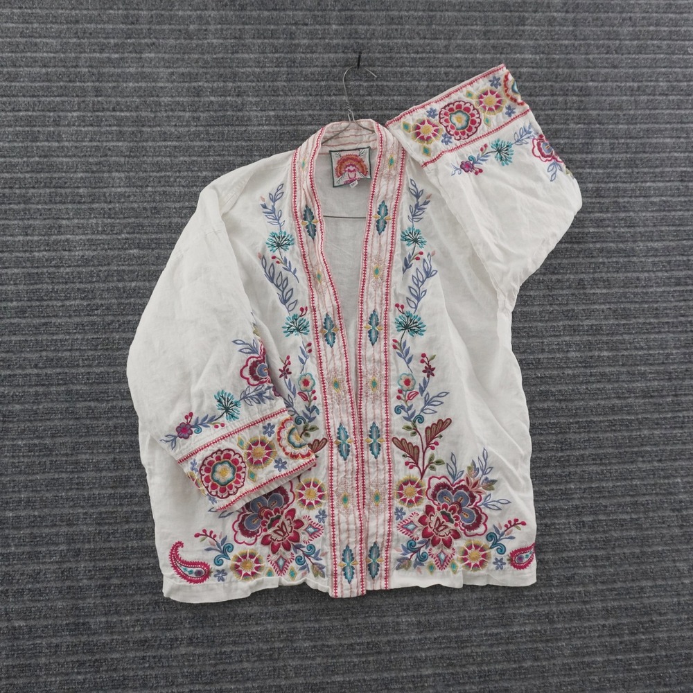 Johnny Was Embroidered Linen Kimono Jacket Women Size M White Floral Boho